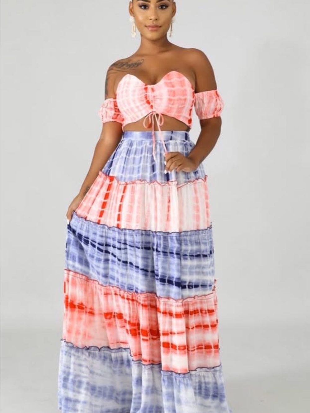 L'ATISTE Coral & Lavender Tie-Dye Off-Shoulder Crop Top with Tiered Maxi Skirt